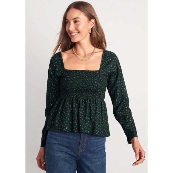 Old Navy Forest Green Floral Blouse - Picture 1 of 12